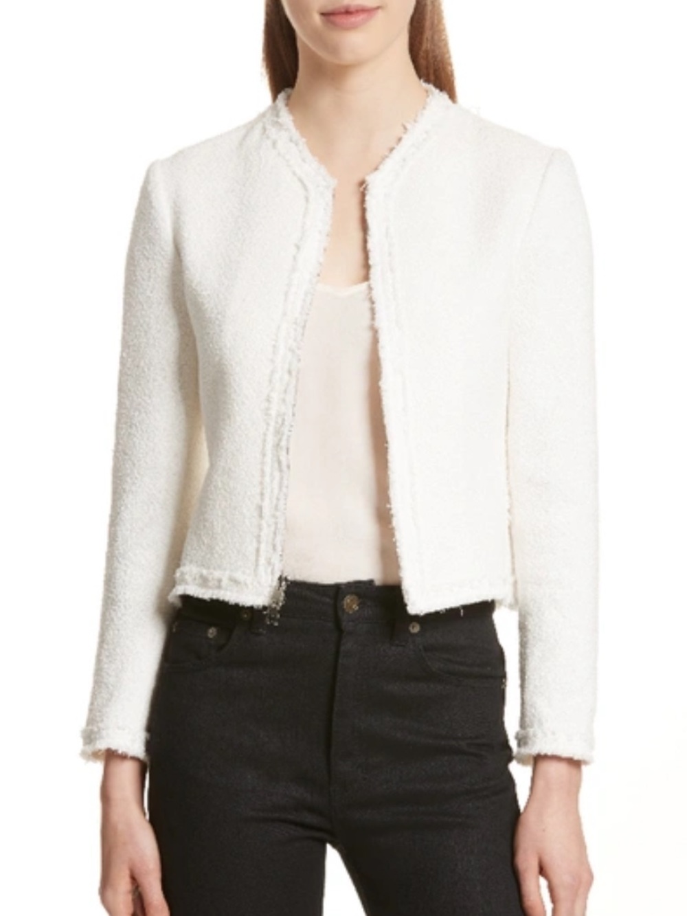 Theory | Flounce Bouclé Jacket cream front zipper collarless neckline small